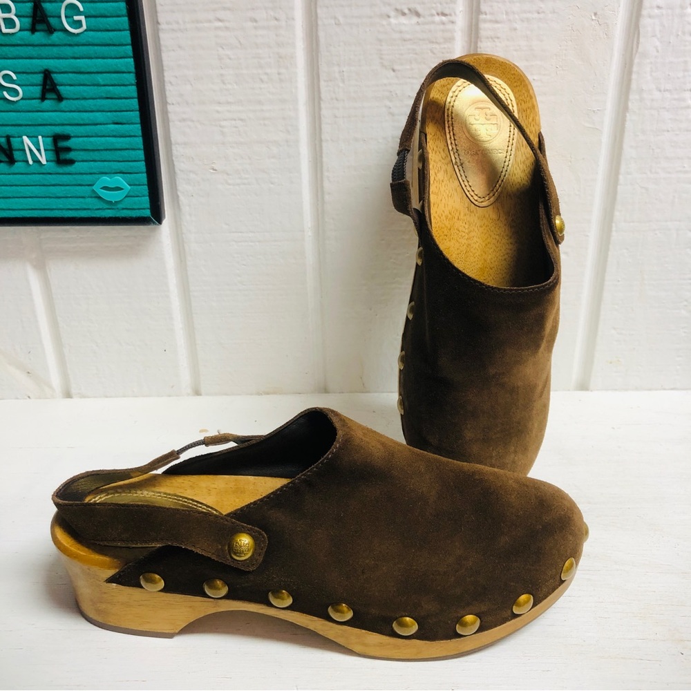 Tory. Burch Blythe Nail Head Suede Clogs Wood Platforms